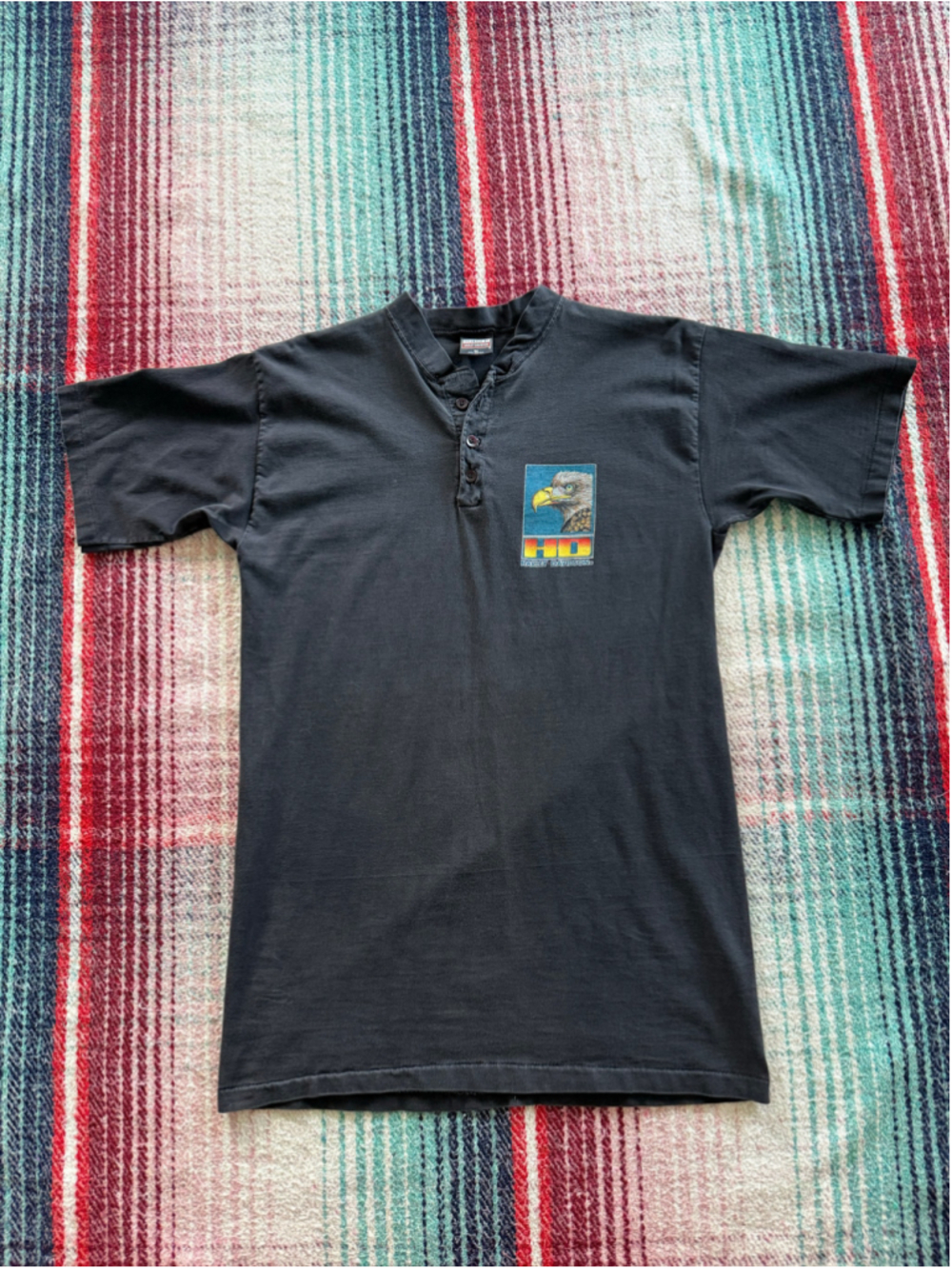 Vintage Harley Davidson Eagle Black Henley Short Sleeve Shirt M